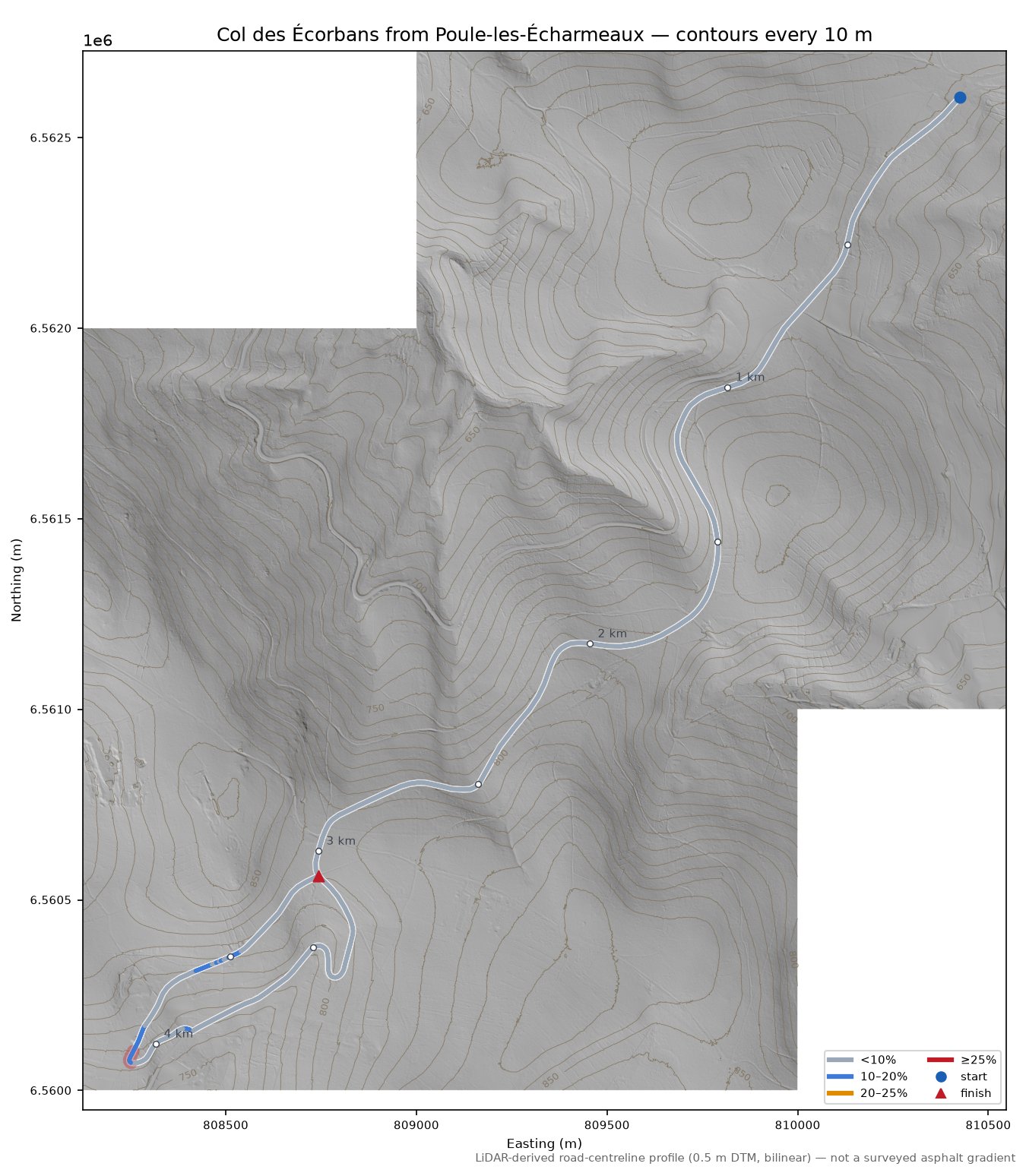 Col des Écorbans from Poule-les-Écharmeaux LiDAR hillshade map with contours