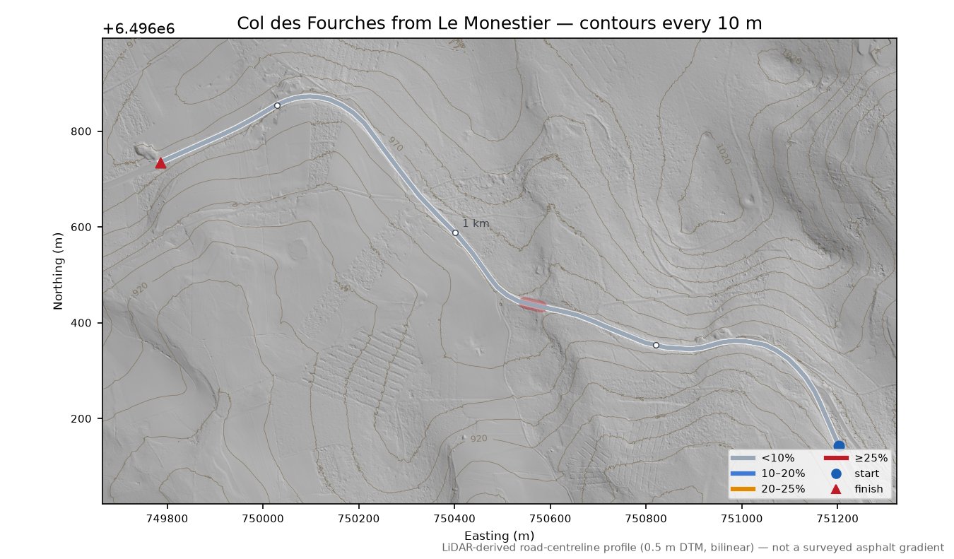 Col des Fourches from Le Monestier LiDAR hillshade map with contours