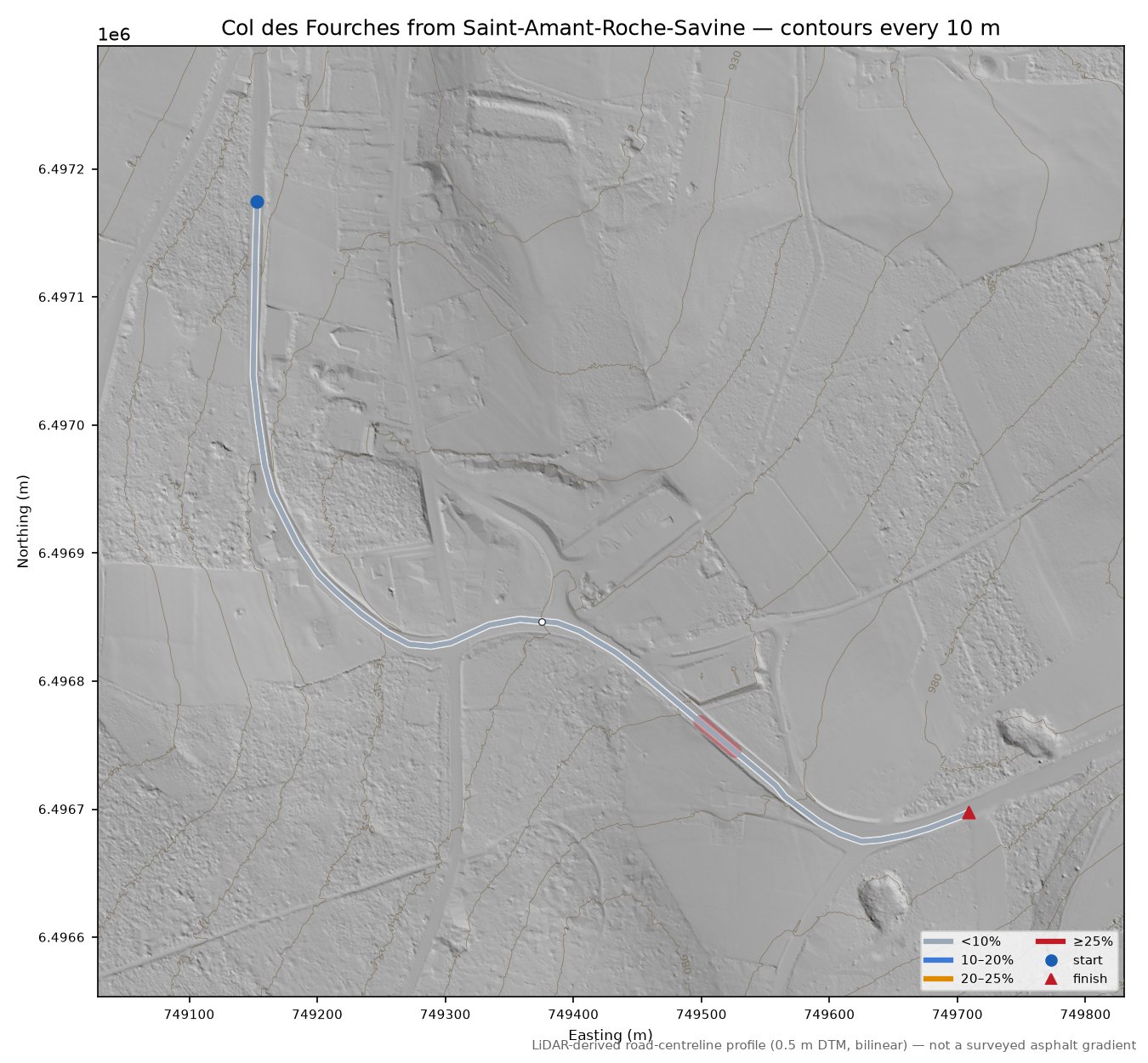 Col des Fourches from Saint-Amant-Roche-Savine LiDAR hillshade map with contours
