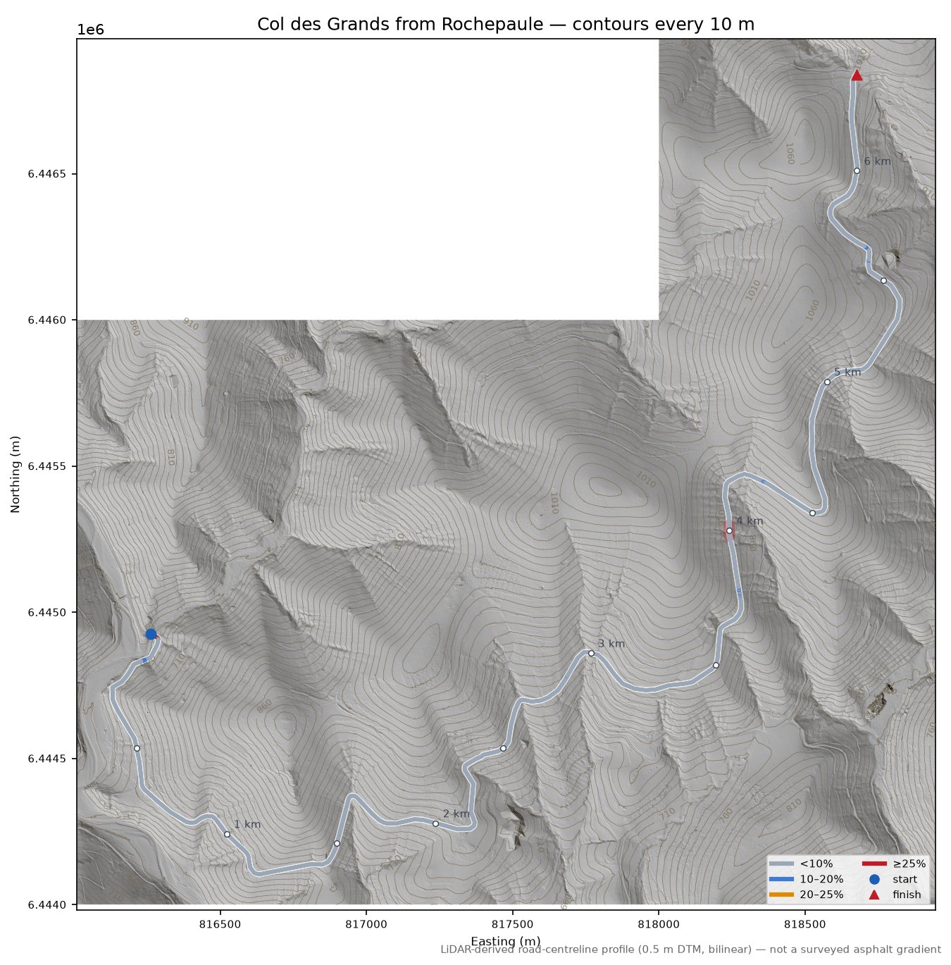 Col des Grands from Rochepaule LiDAR hillshade map with contours