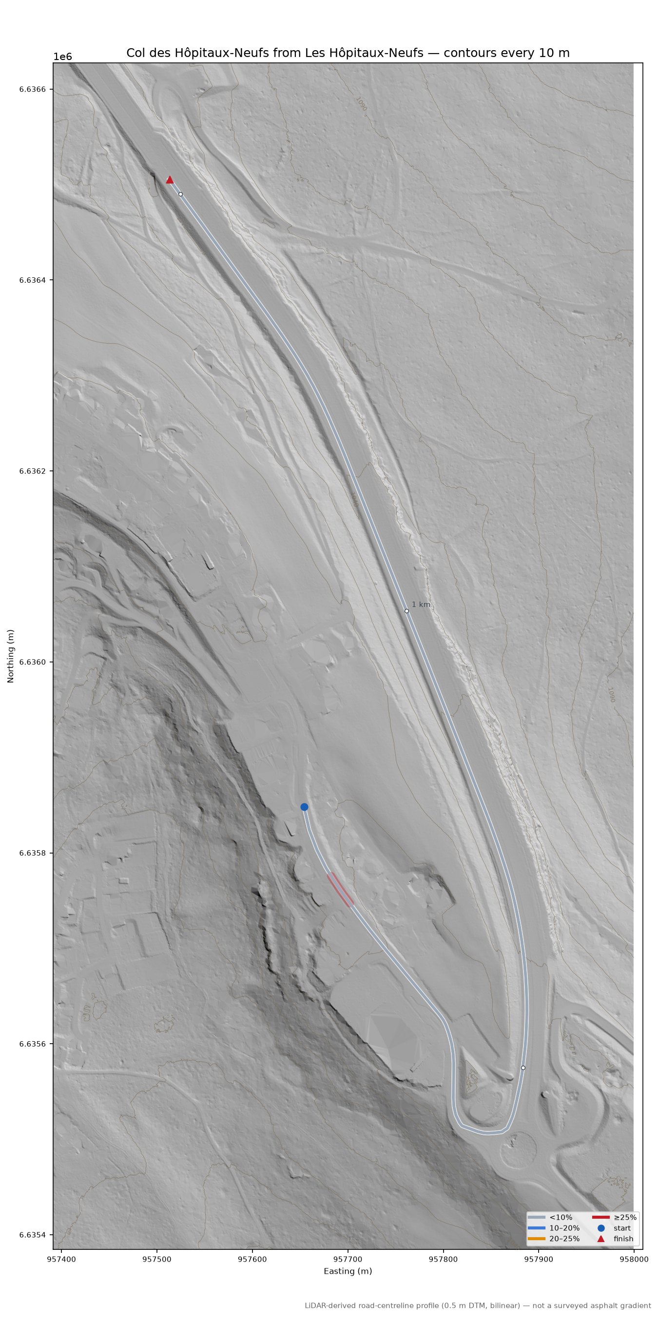 Col des Hôpitaux-Neufs from Les Hôpitaux-Neufs LiDAR hillshade map with contours