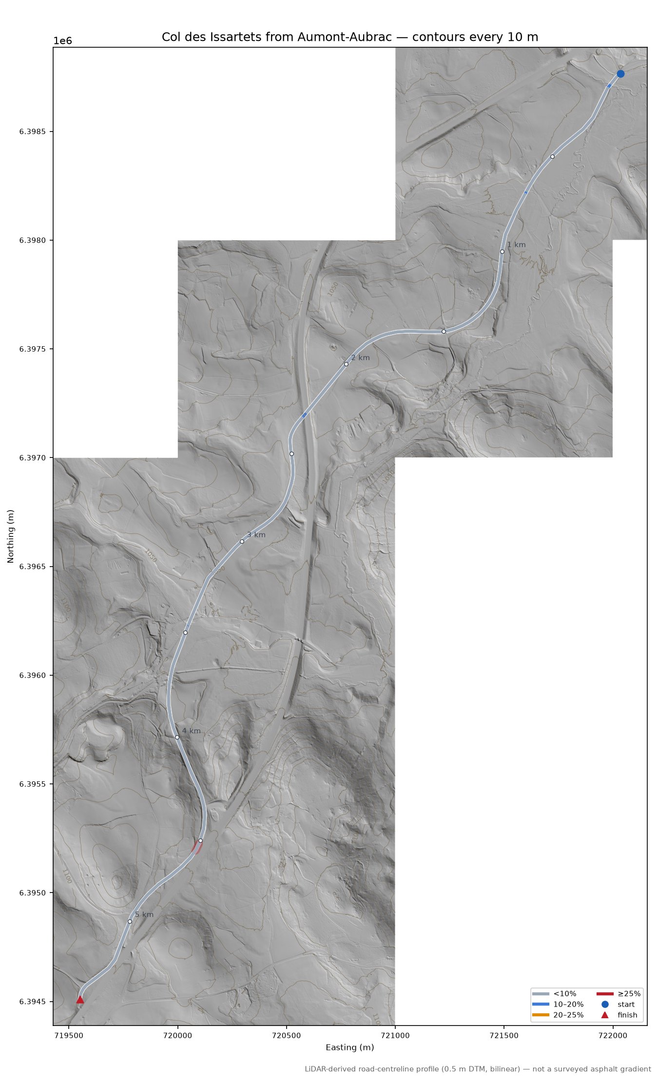 Col des Issartets from Aumont-Aubrac LiDAR hillshade map with contours