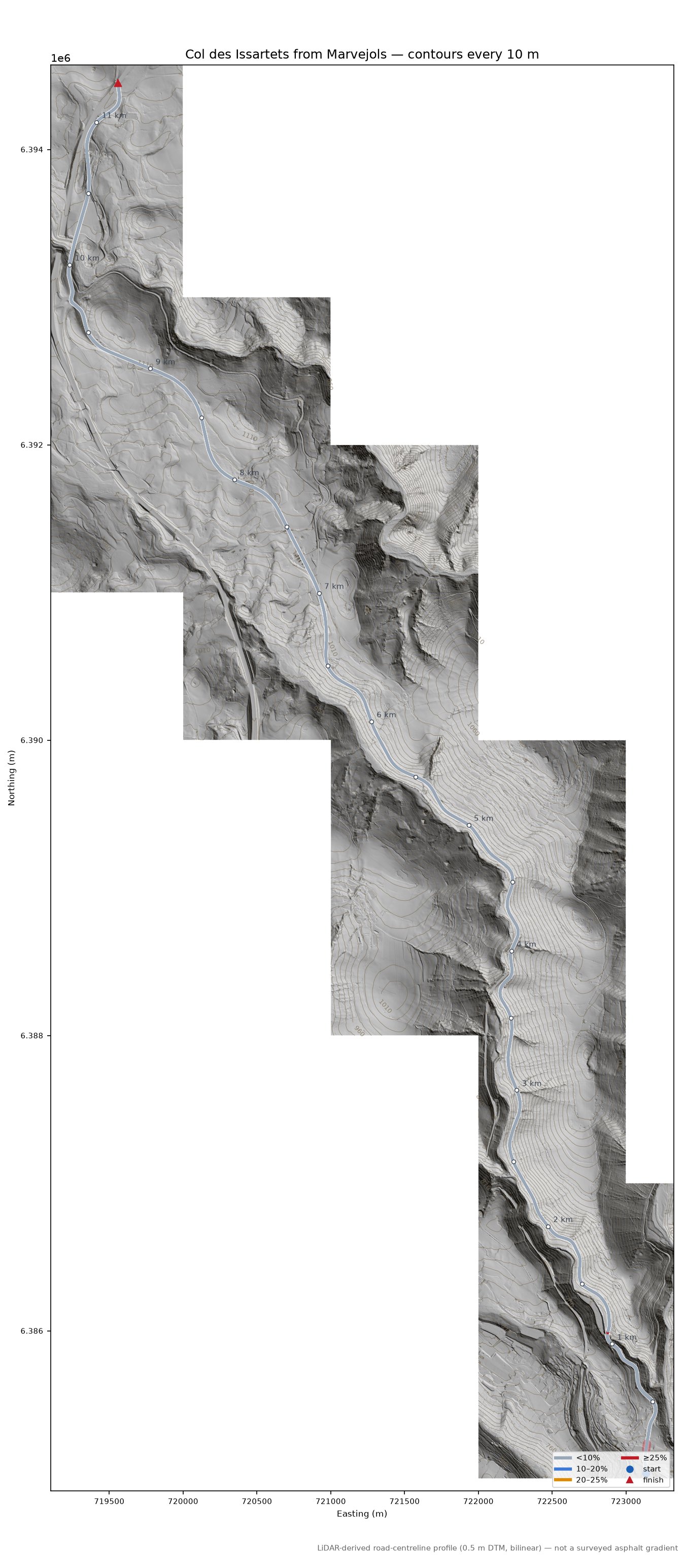 Col des Issartets from Marvejols LiDAR hillshade map with contours