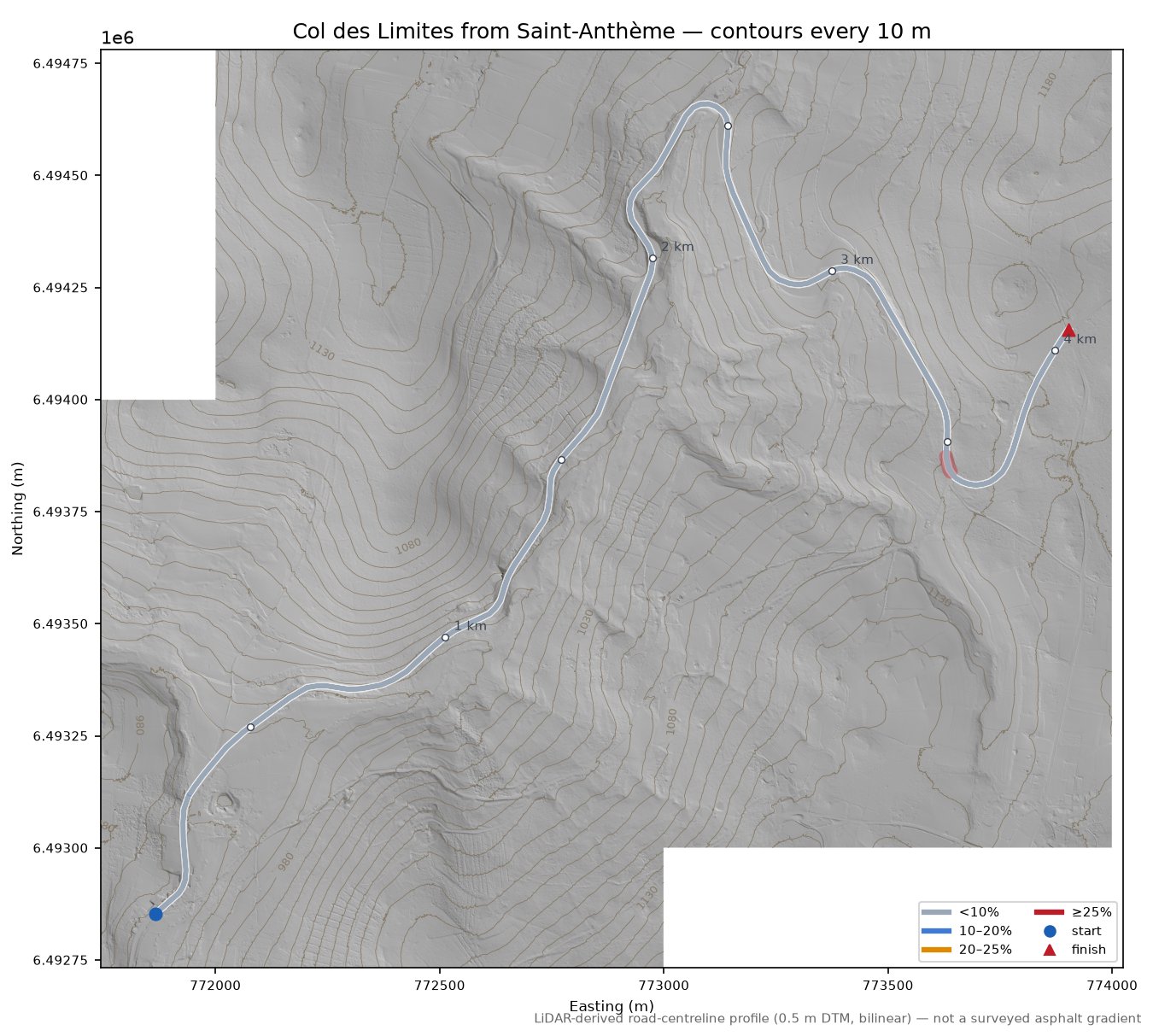 Col des Limites from Saint-Anthème LiDAR hillshade map with contours