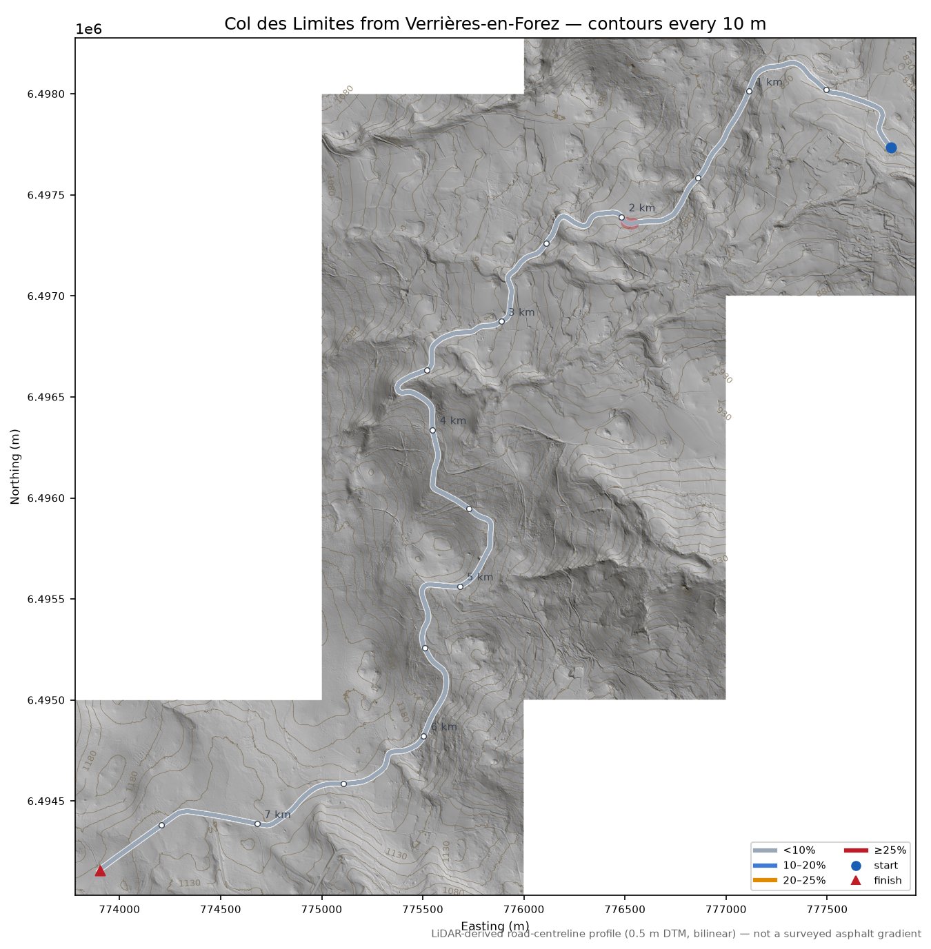 Col des Limites from Verrières-en-Forez LiDAR hillshade map with contours
