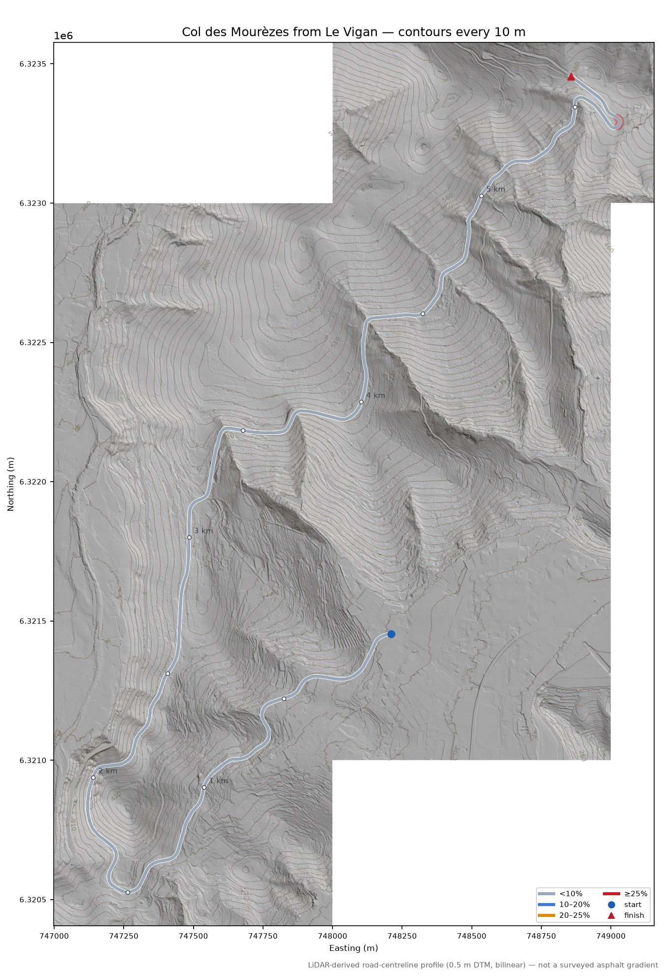 Col des Mourèzes from Le Vigan LiDAR hillshade map with contours