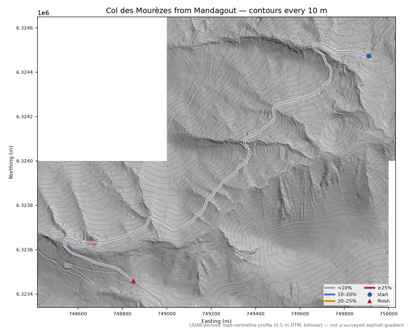 Col des Mourèzes from Mandagout LiDAR hillshade map with contours