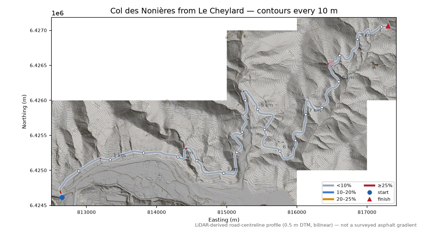 Col des Nonières from Le Cheylard LiDAR hillshade map with contours