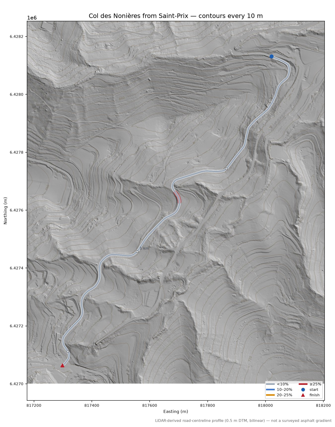 Col des Nonières from Saint-Prix LiDAR hillshade map with contours