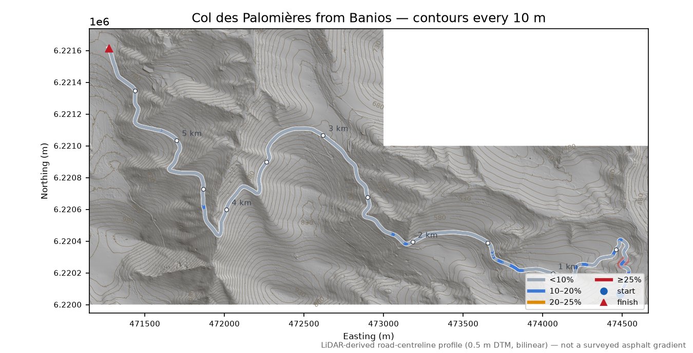 Col des Palomières from Banios LiDAR hillshade map with contours
