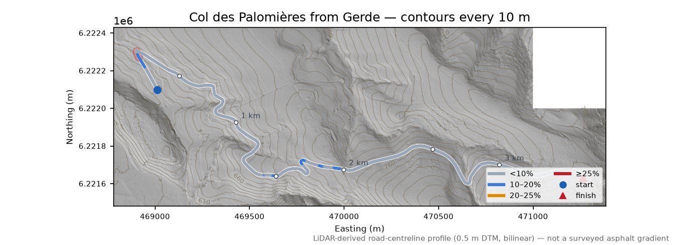 Col des Palomières from Gerde LiDAR hillshade map with contours