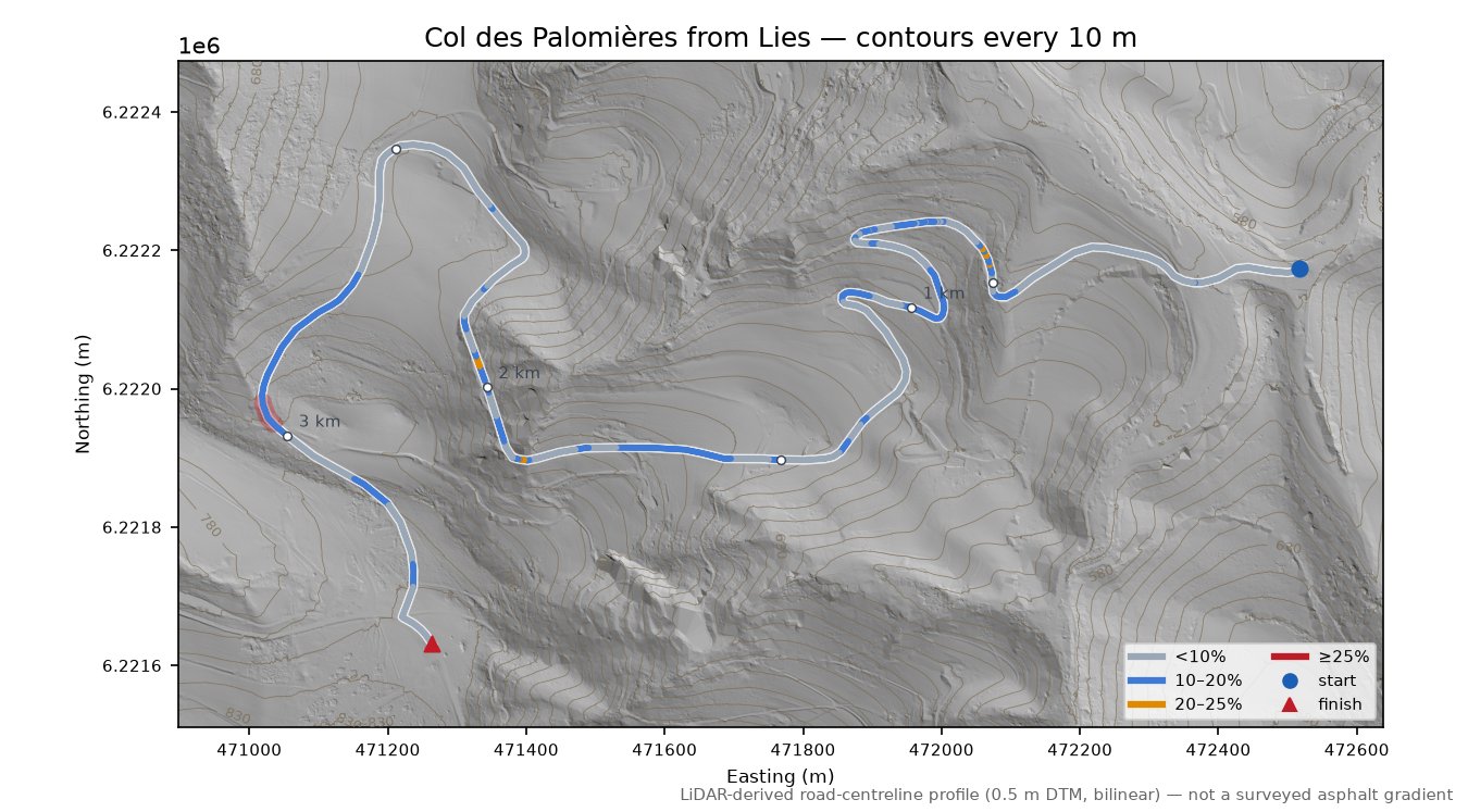 Col des Palomières from Lies LiDAR hillshade map with contours