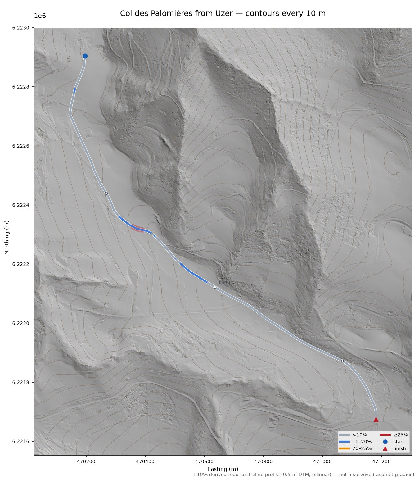 Col des Palomières from Uzer LiDAR hillshade map with contours