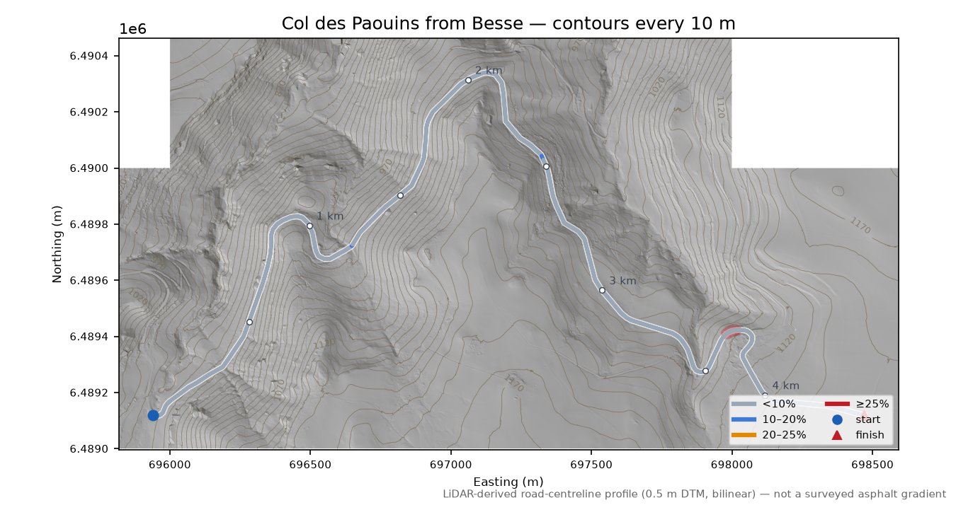 Col des Paouins from Besse LiDAR hillshade map with contours
