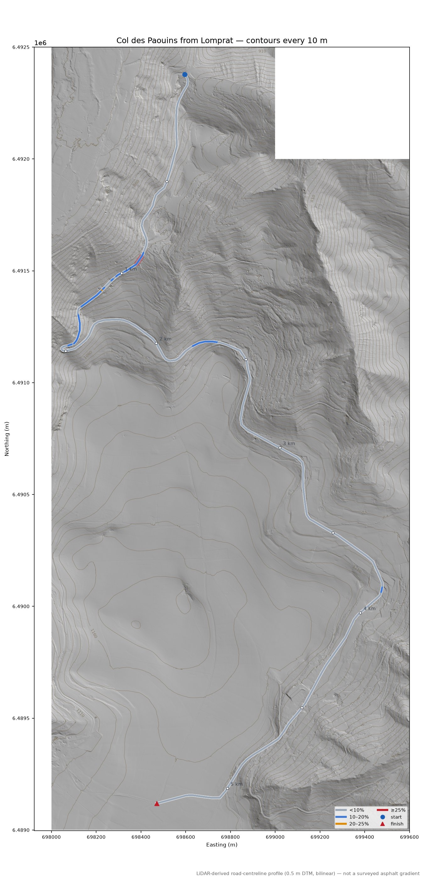 Col des Paouins from Lomprat LiDAR hillshade map with contours