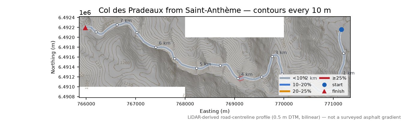 Col des Pradeaux from Saint-Anthème LiDAR hillshade map with contours