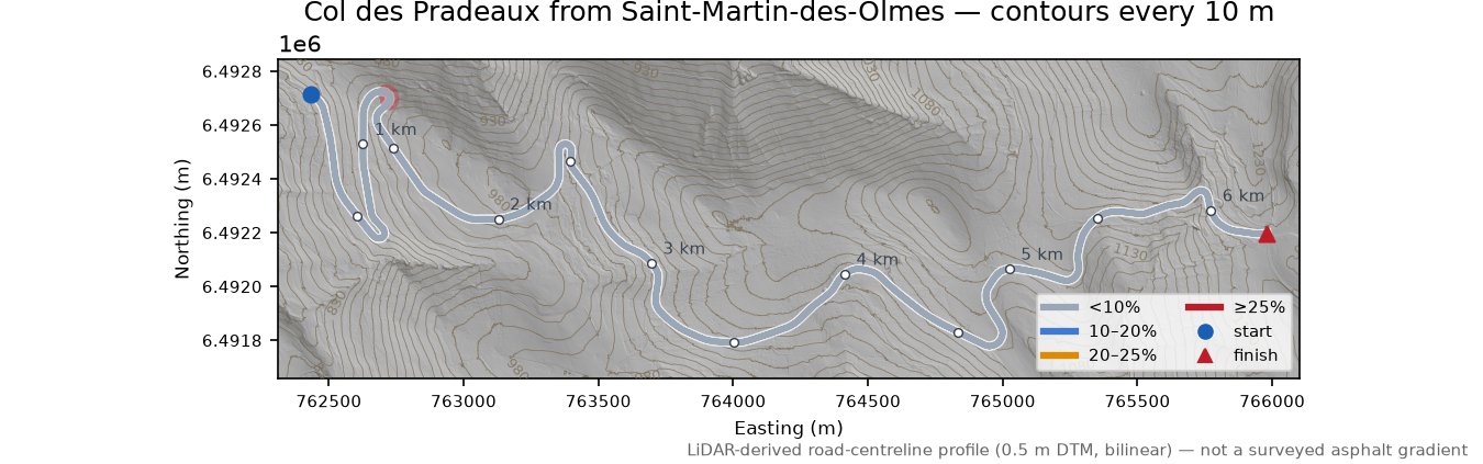 Col des Pradeaux from Saint-Martin-des-Olmes LiDAR hillshade map with contours