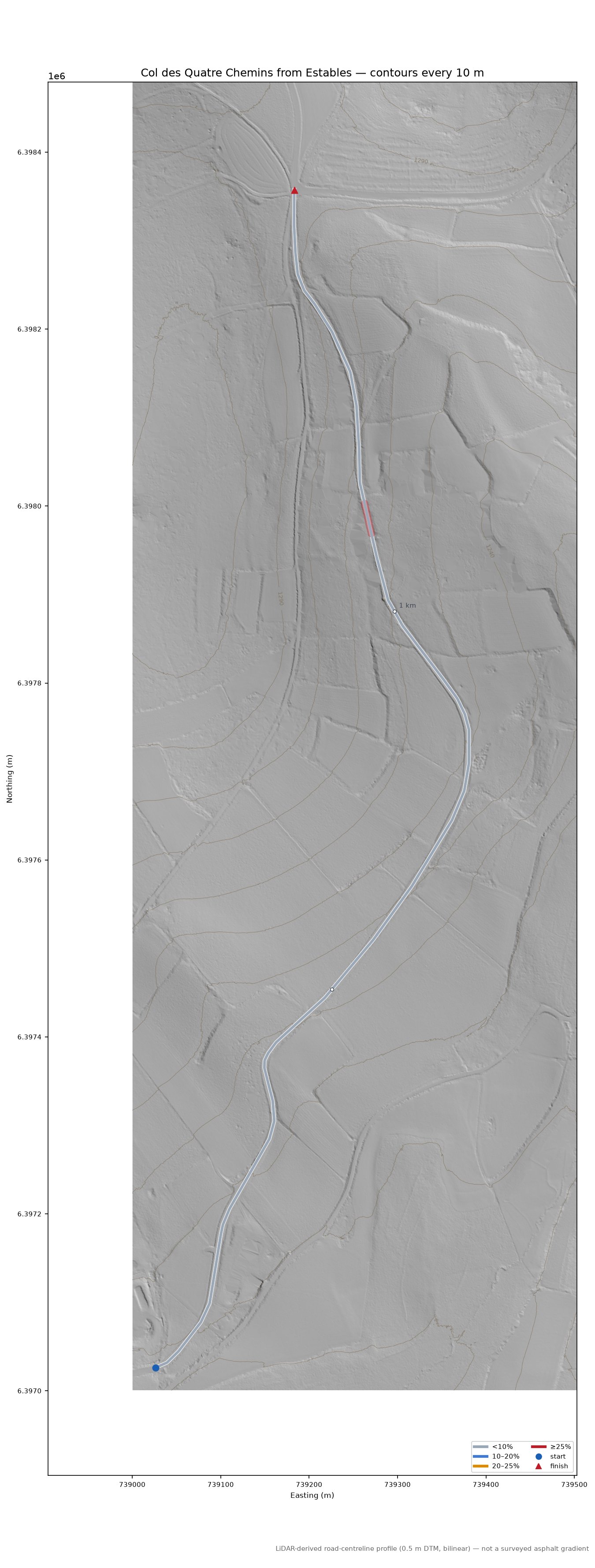 Col des Quatre Chemins from Estables LiDAR hillshade map with contours