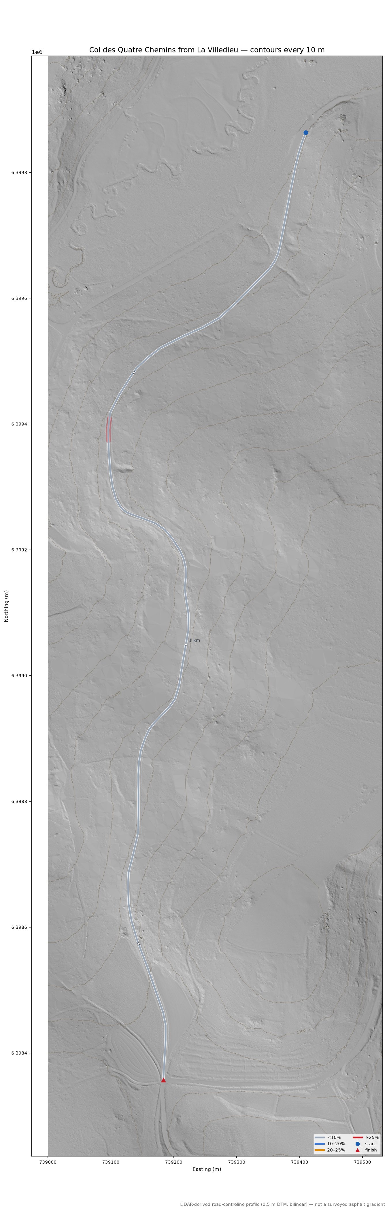Col des Quatre Chemins from La Villedieu LiDAR hillshade map with contours
