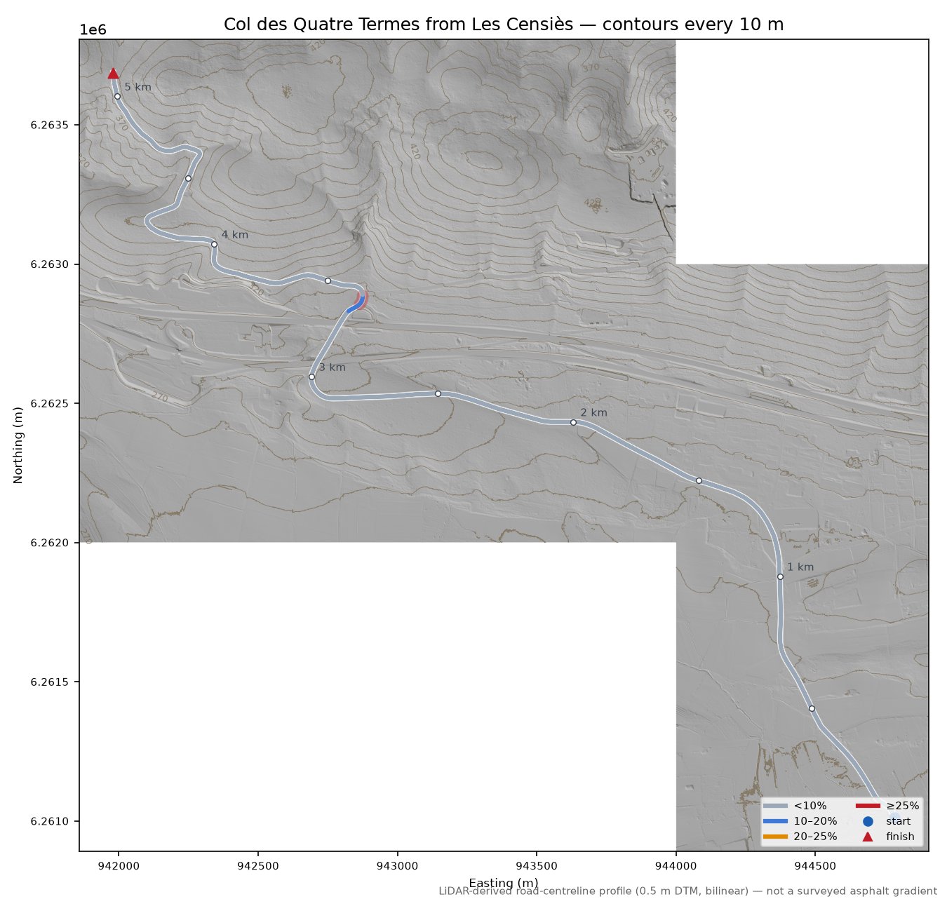 Col des Quatre Termes from Les Censiès LiDAR hillshade map with contours