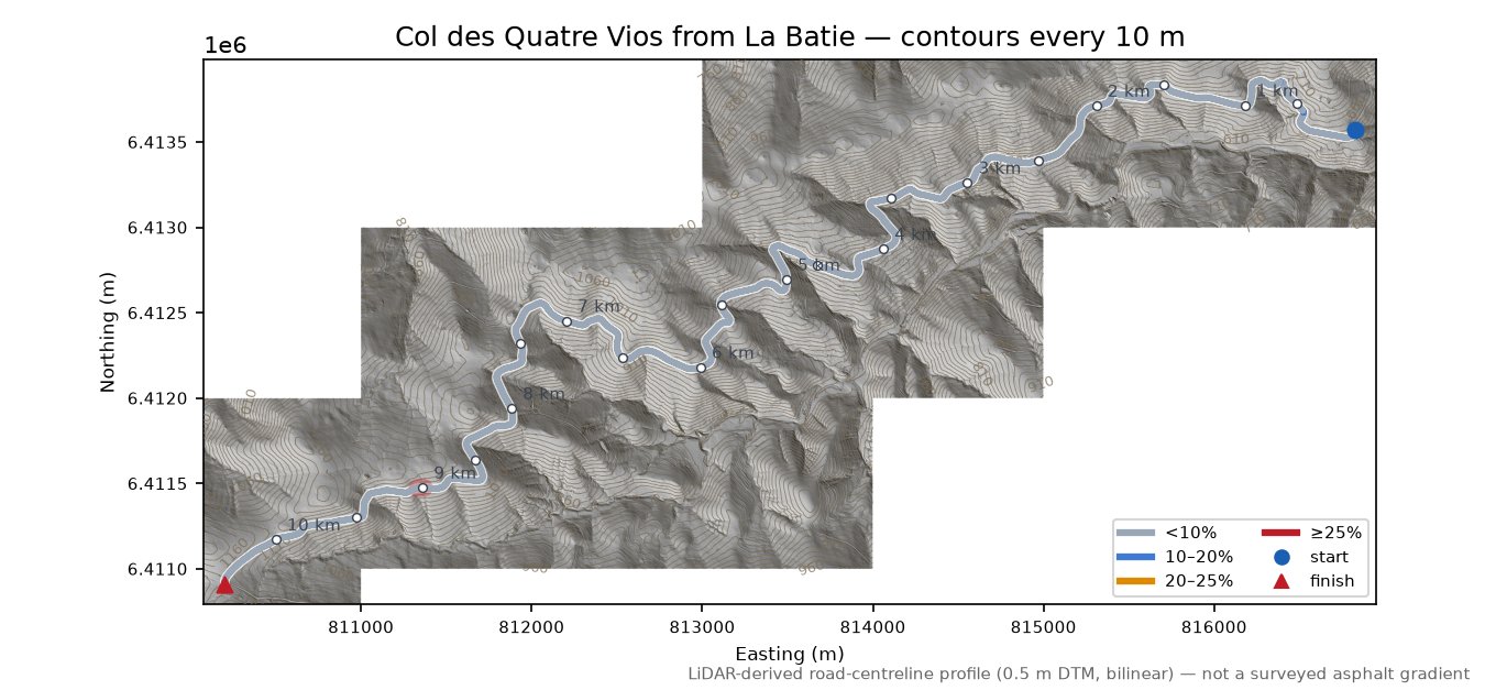 Col des Quatre Vios from La Batie LiDAR hillshade map with contours