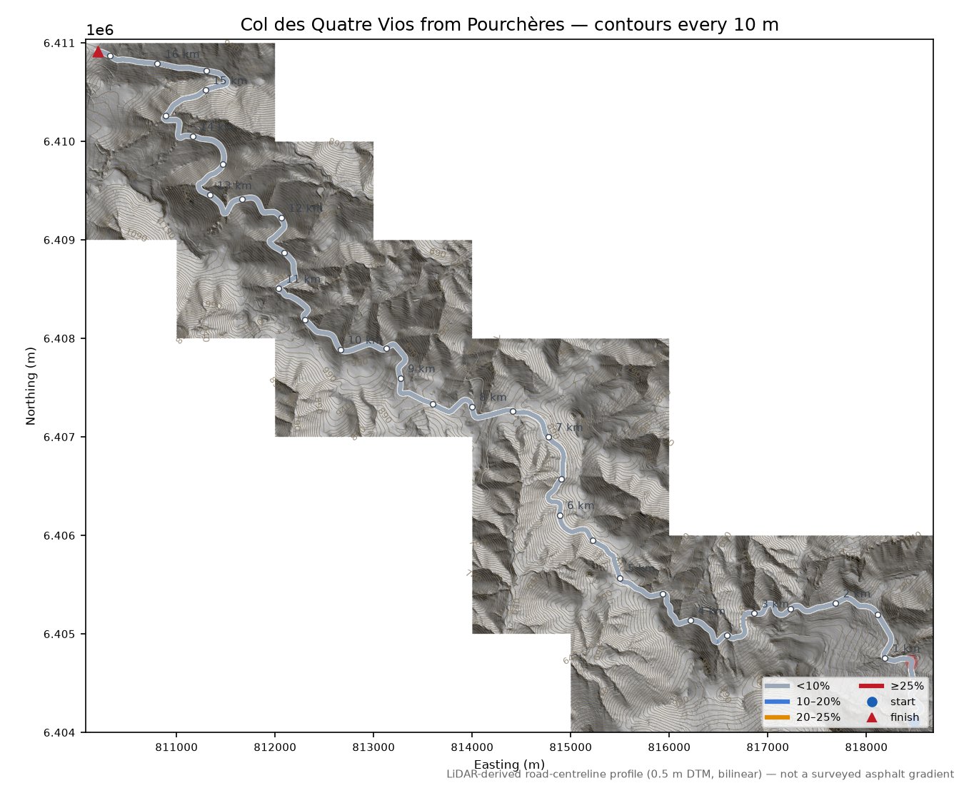 Col des Quatre Vios from Pourchères LiDAR hillshade map with contours