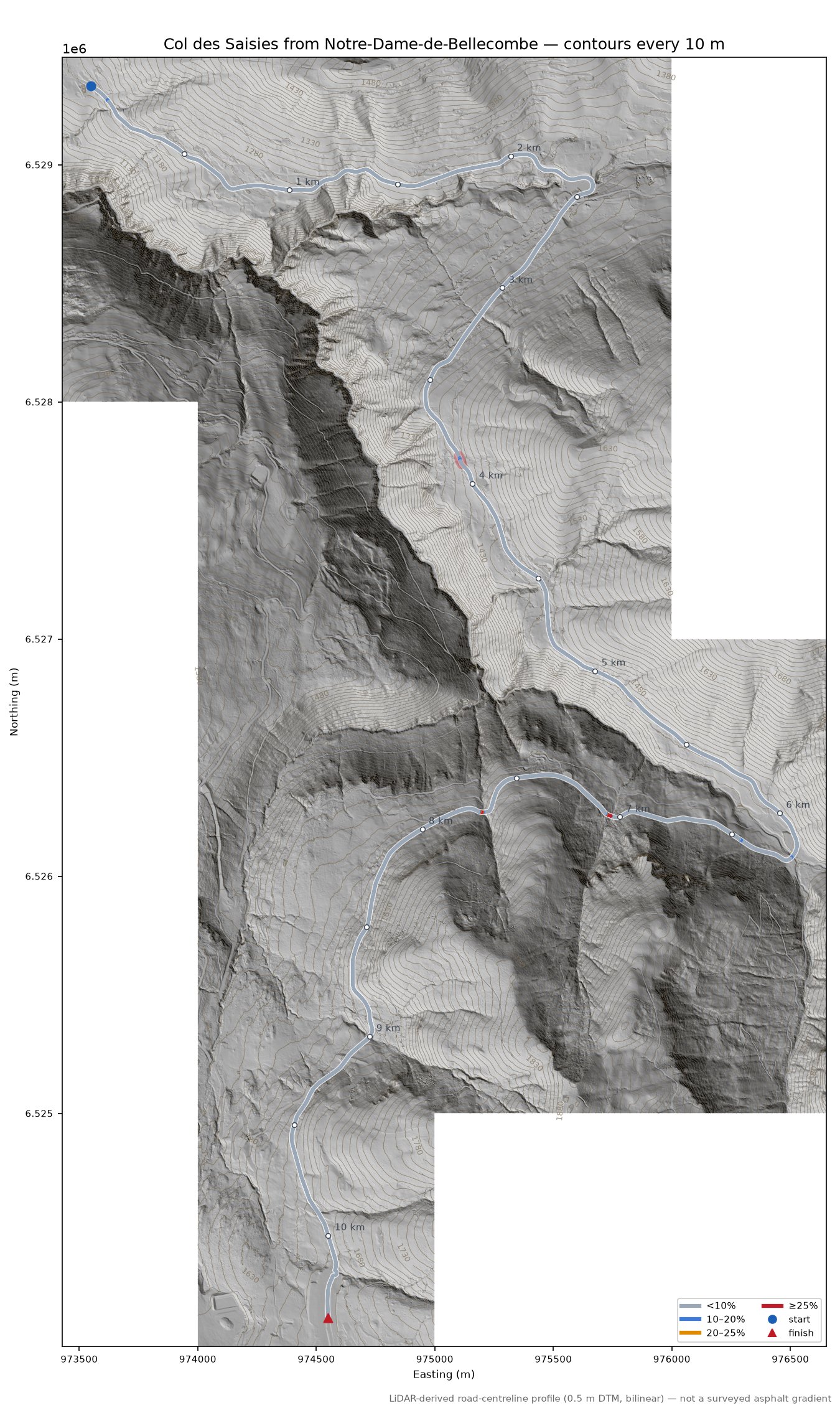 Col des Saisies from Notre-Dame-de-Bellecombe LiDAR hillshade map with contours