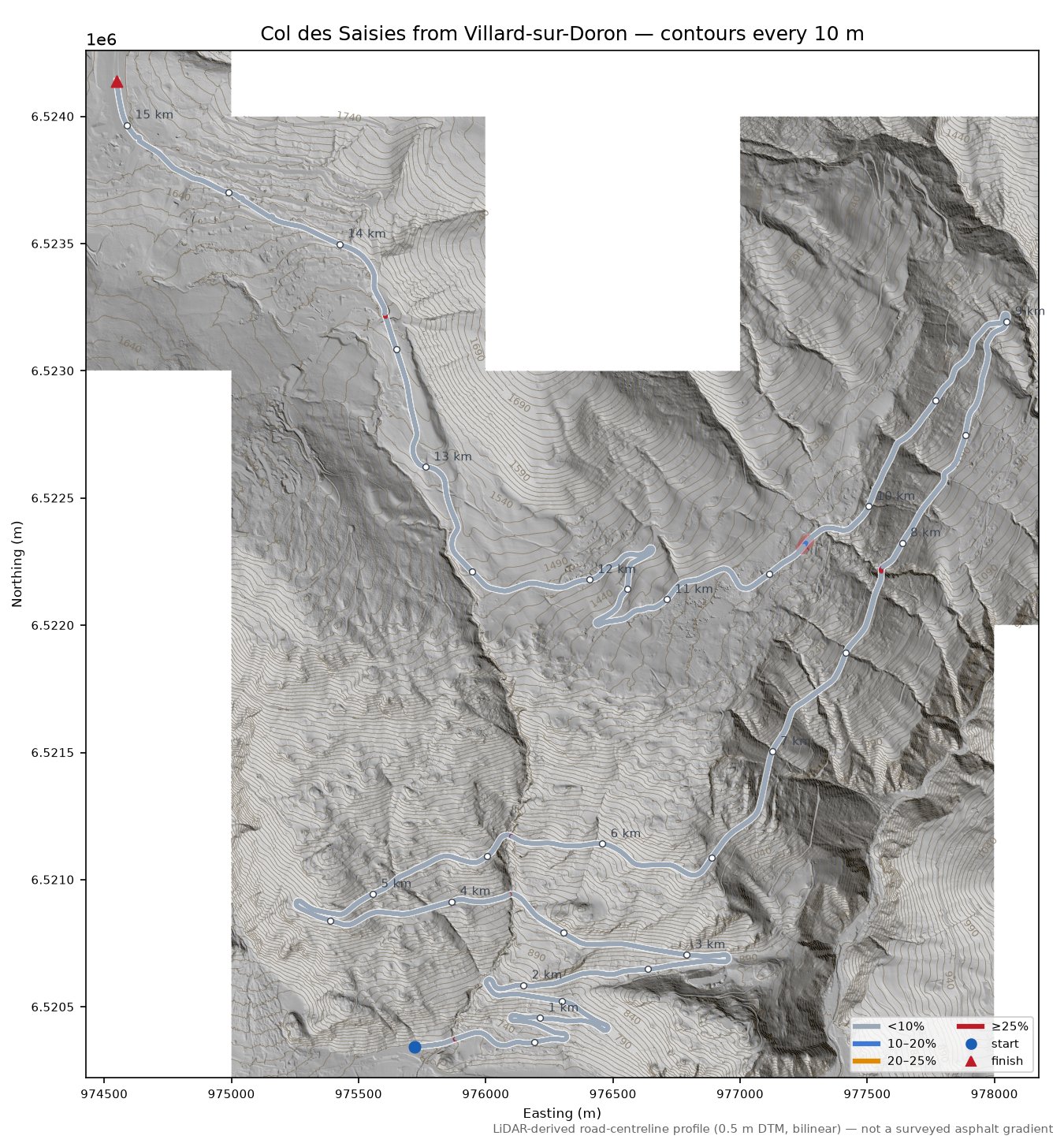 Col des Saisies from Villard-sur-Doron LiDAR hillshade map with contours