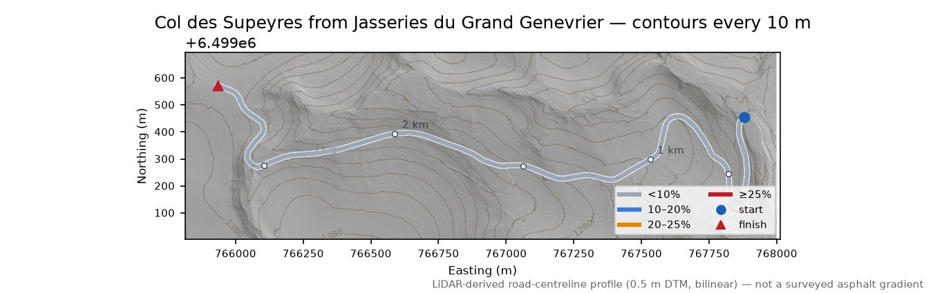 Col des Supeyres from Jasseries du Grand Genevrier LiDAR hillshade map with contours