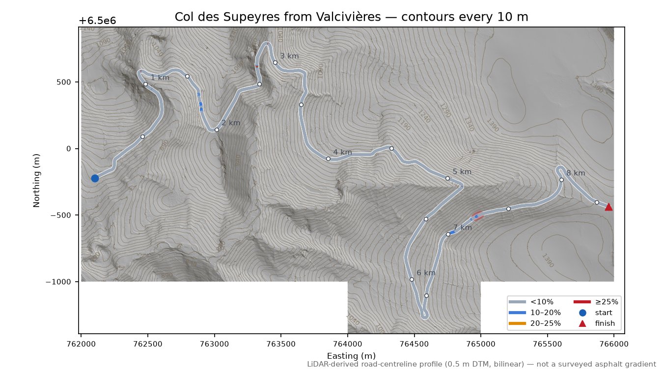 Col des Supeyres from Valcivières LiDAR hillshade map with contours