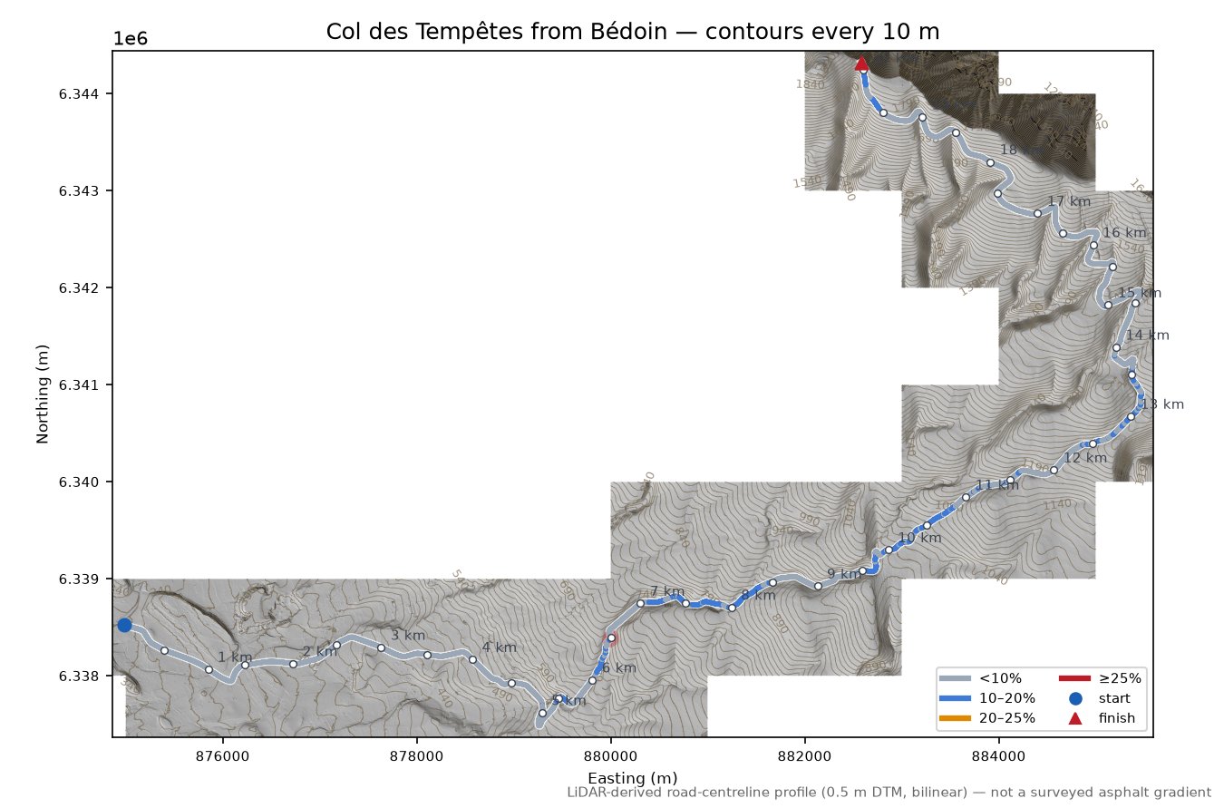 Col des Tempêtes from Bédoin LiDAR hillshade map with contours