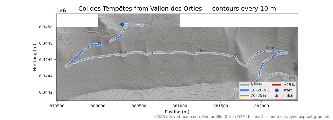 Col des Tempêtes from Vallon des Orties LiDAR hillshade map with contours