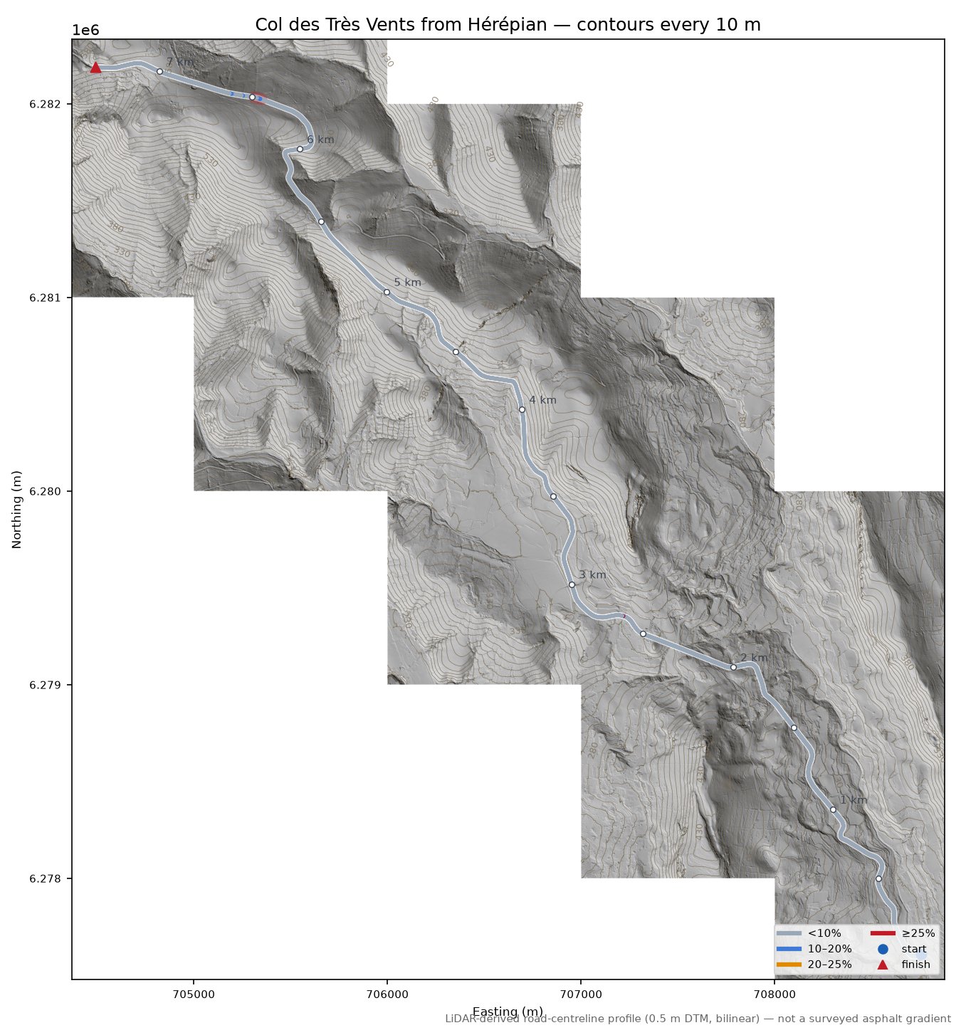 Col des Très Vents from Hérépian LiDAR hillshade map with contours