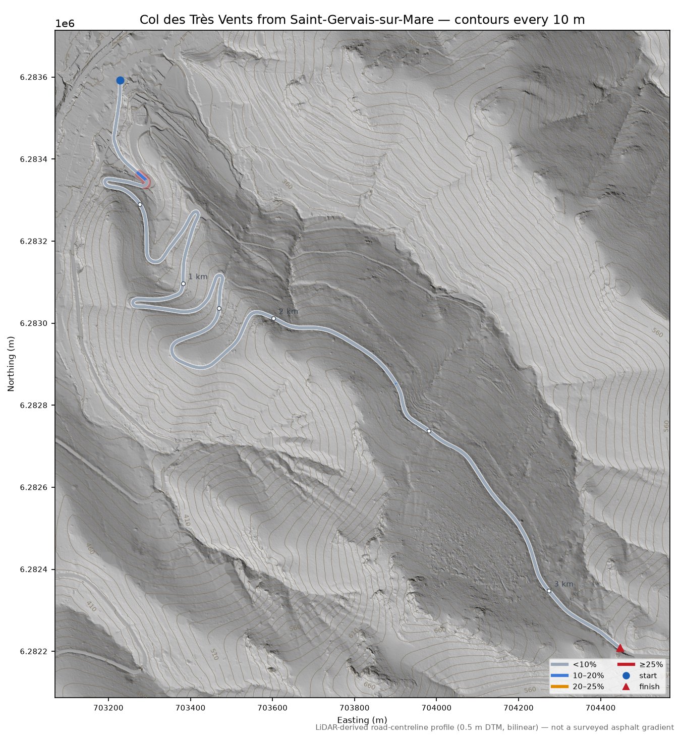 Col des Très Vents from Saint-Gervais-sur-Mare LiDAR hillshade map with contours