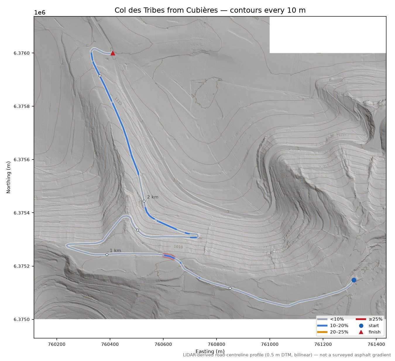 Col des Tribes from Cubières LiDAR hillshade map with contours