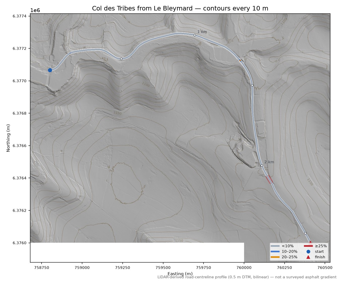 Col des Tribes from Le Bleymard LiDAR hillshade map with contours