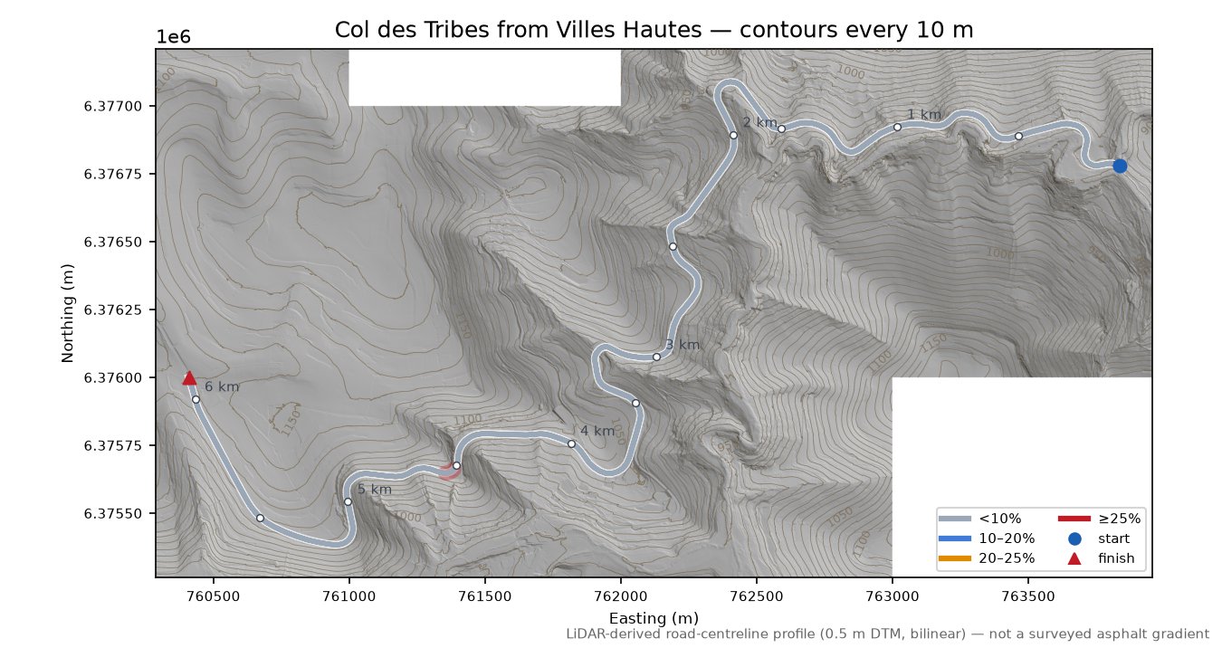 Col des Tribes from Villes Hautes LiDAR hillshade map with contours