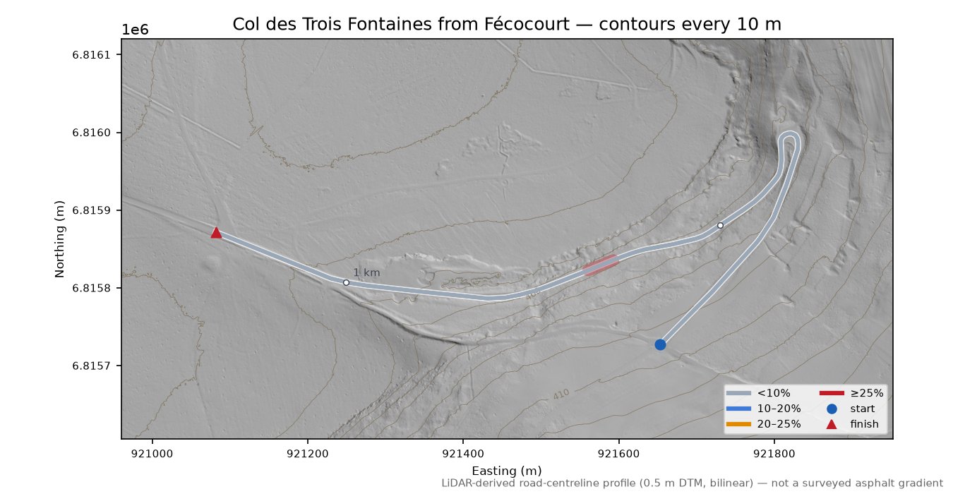 Col des Trois Fontaines from Fécocourt LiDAR hillshade map with contours
