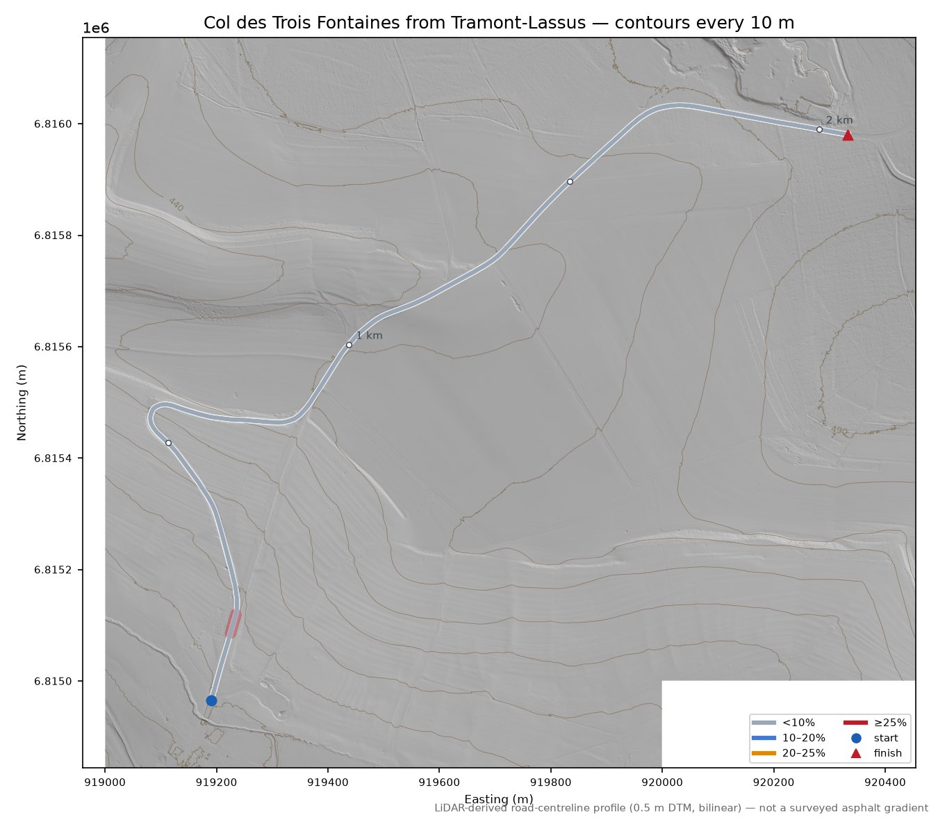 Col des Trois Fontaines from Tramont-Lassus LiDAR hillshade map with contours