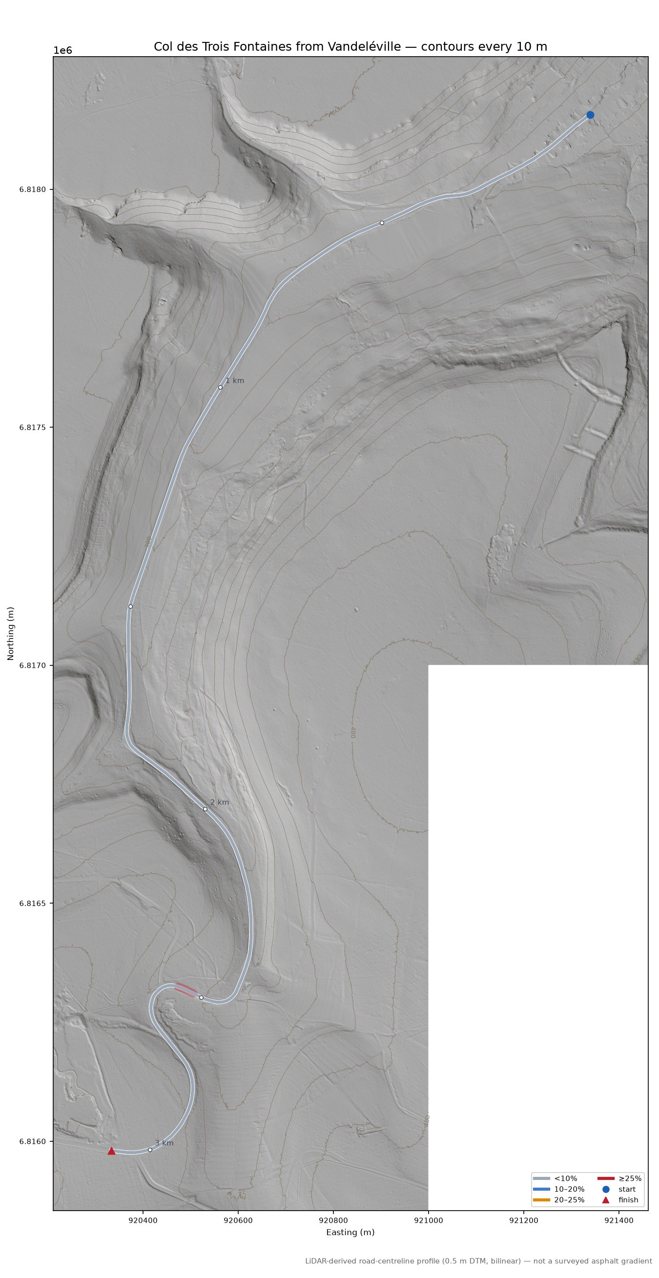 Col des Trois Fontaines from Vandeléville LiDAR hillshade map with contours