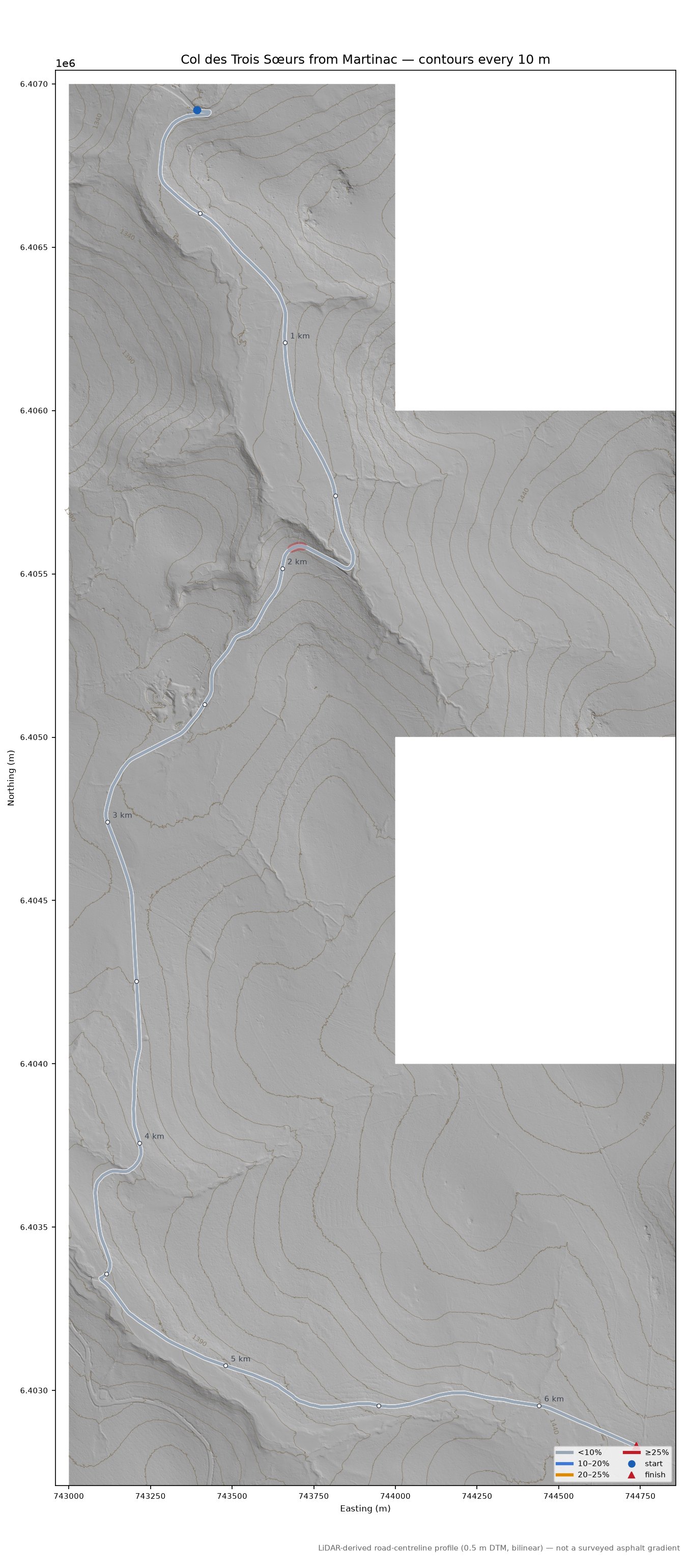 Col des Trois Sœurs from Martinac LiDAR hillshade map with contours