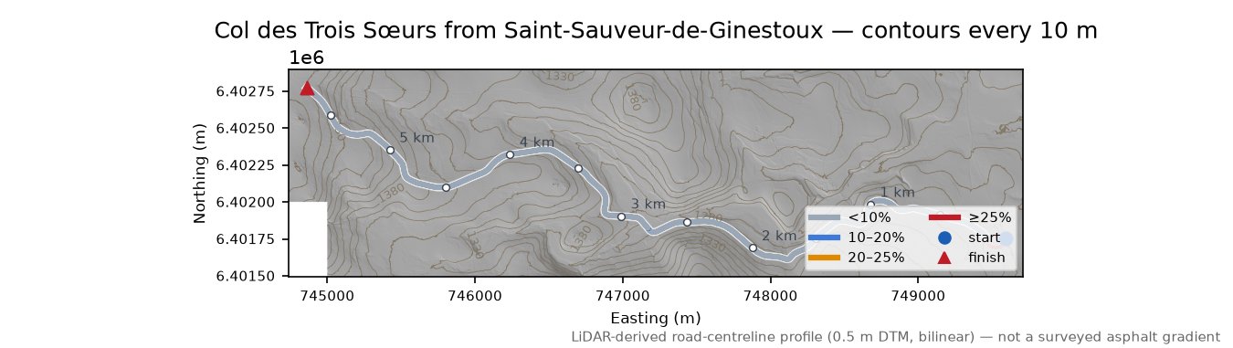 Col des Trois Sœurs from Saint-Sauveur-de-Ginestoux LiDAR hillshade map with contours