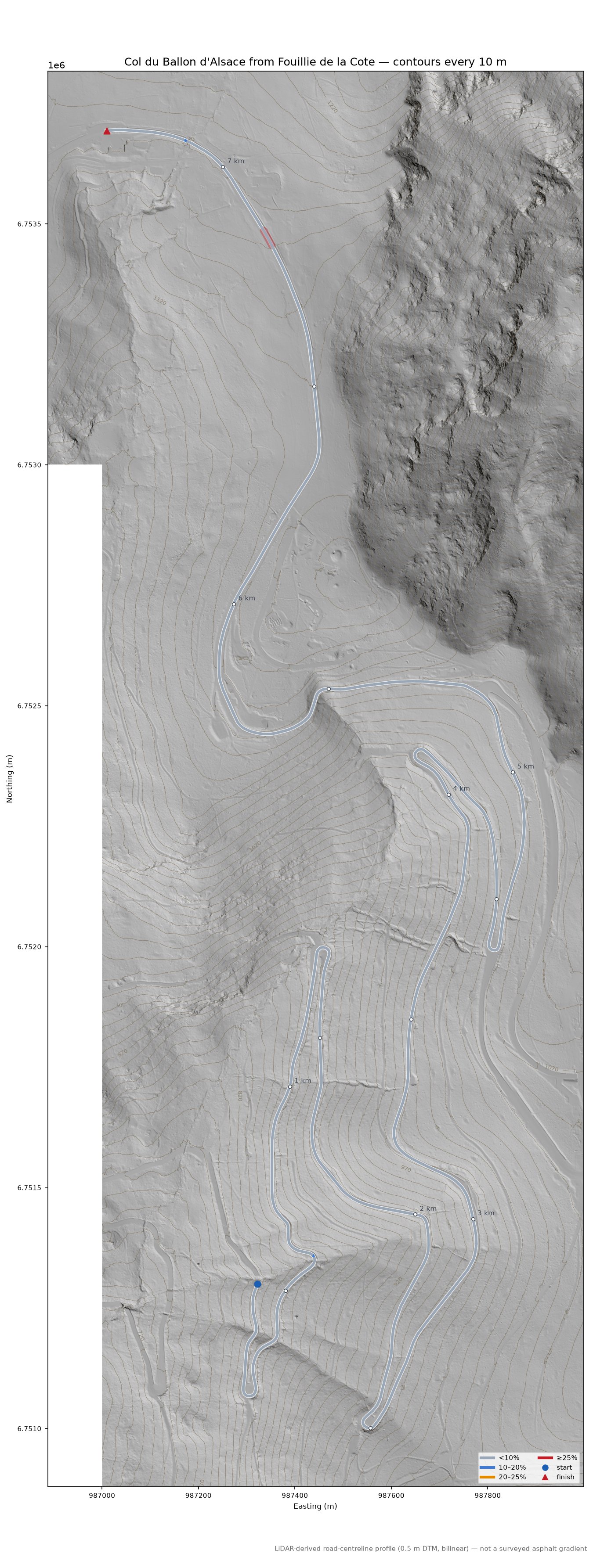 Col du Ballon d'Alsace from Fouillie de la Cote LiDAR hillshade map with contours