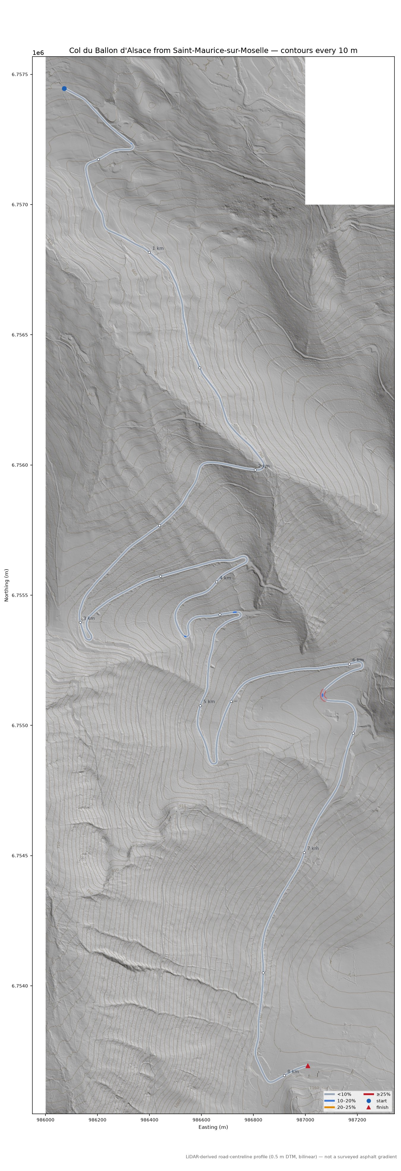 Col du Ballon d'Alsace from Saint-Maurice-sur-Moselle LiDAR hillshade map with contours