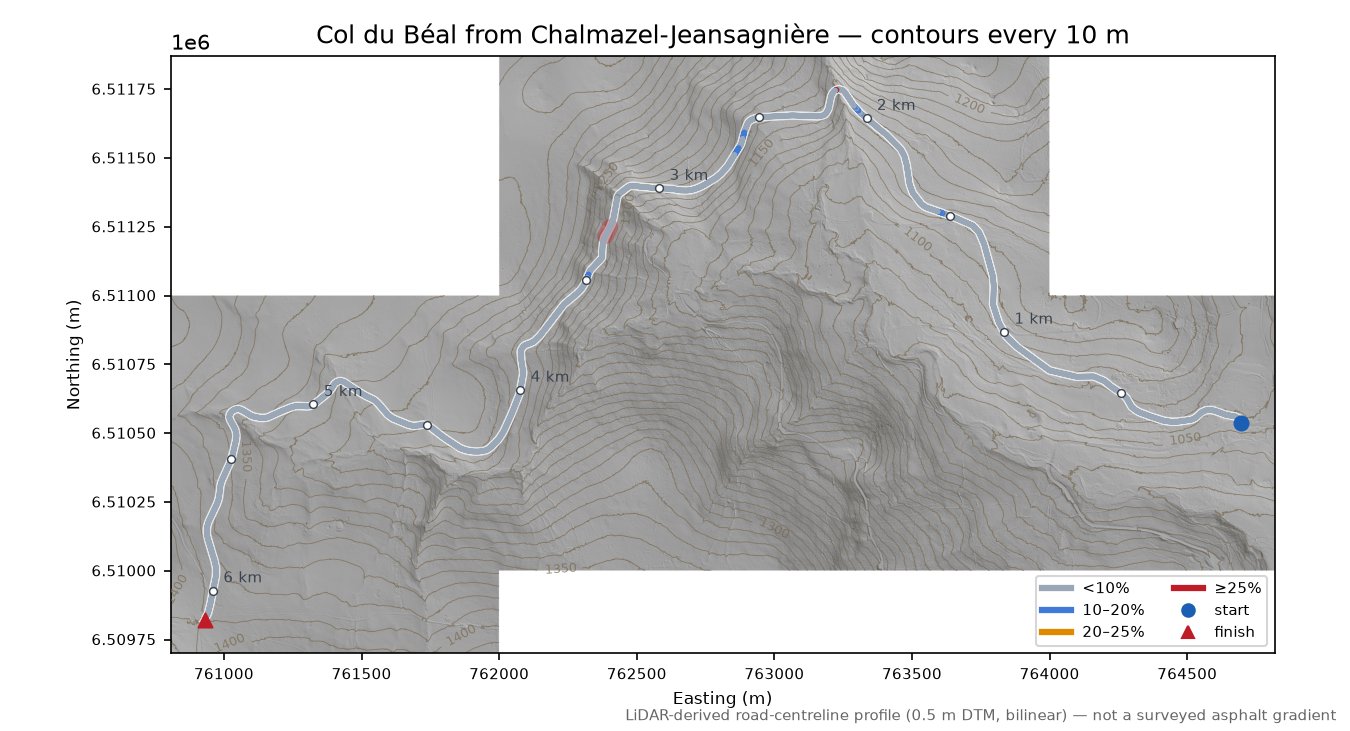 Col du Béal from Chalmazel-Jeansagnière LiDAR hillshade map with contours