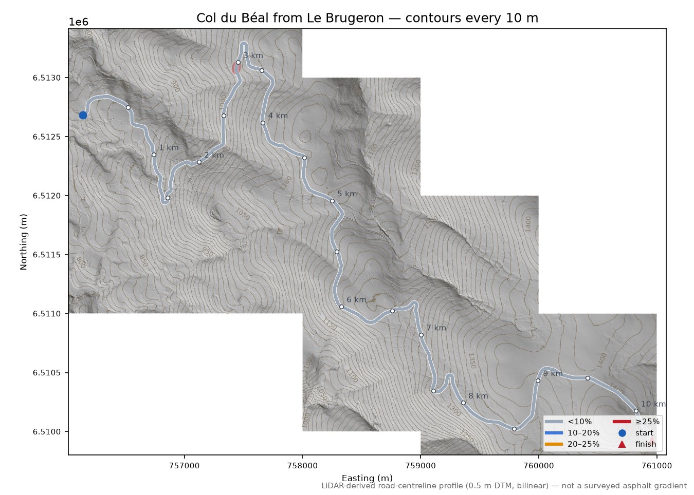 Col du Béal from Le Brugeron LiDAR hillshade map with contours