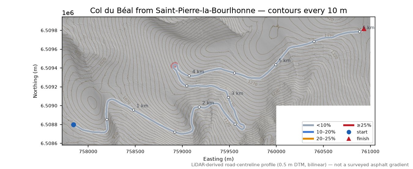 Col du Béal from Saint-Pierre-la-Bourlhonne LiDAR hillshade map with contours