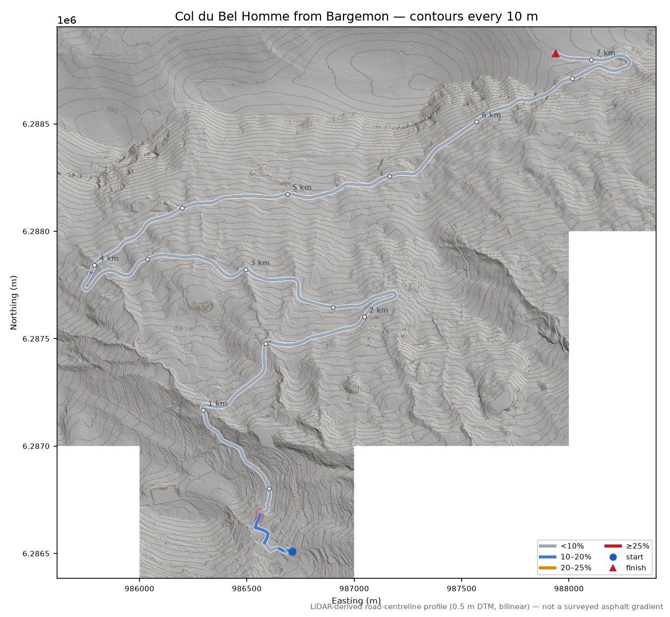 Col du Bel Homme from Bargemon LiDAR hillshade map with contours