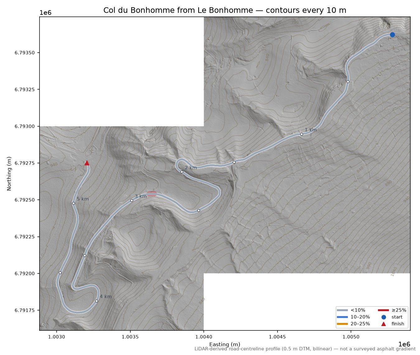 Col du Bonhomme from Le Bonhomme LiDAR hillshade map with contours