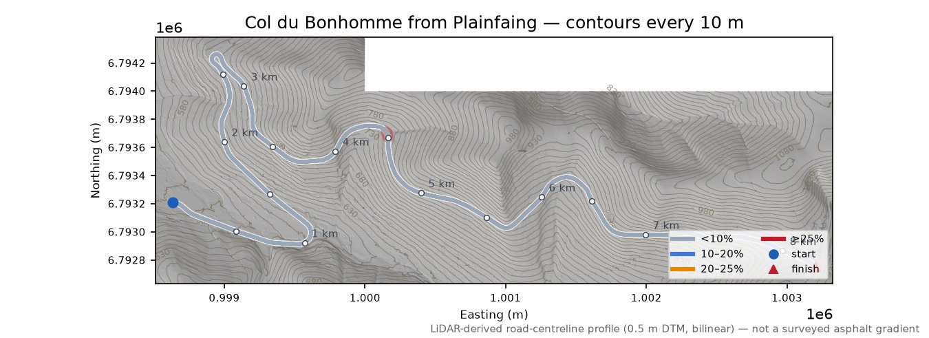 Col du Bonhomme from Plainfaing LiDAR hillshade map with contours